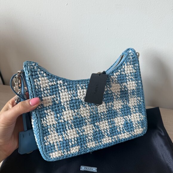 NWT Prada Re-Edition Mini Shoulder Bag Celeste Raffia Gingham Pattern Chain - Picture 7 of 10